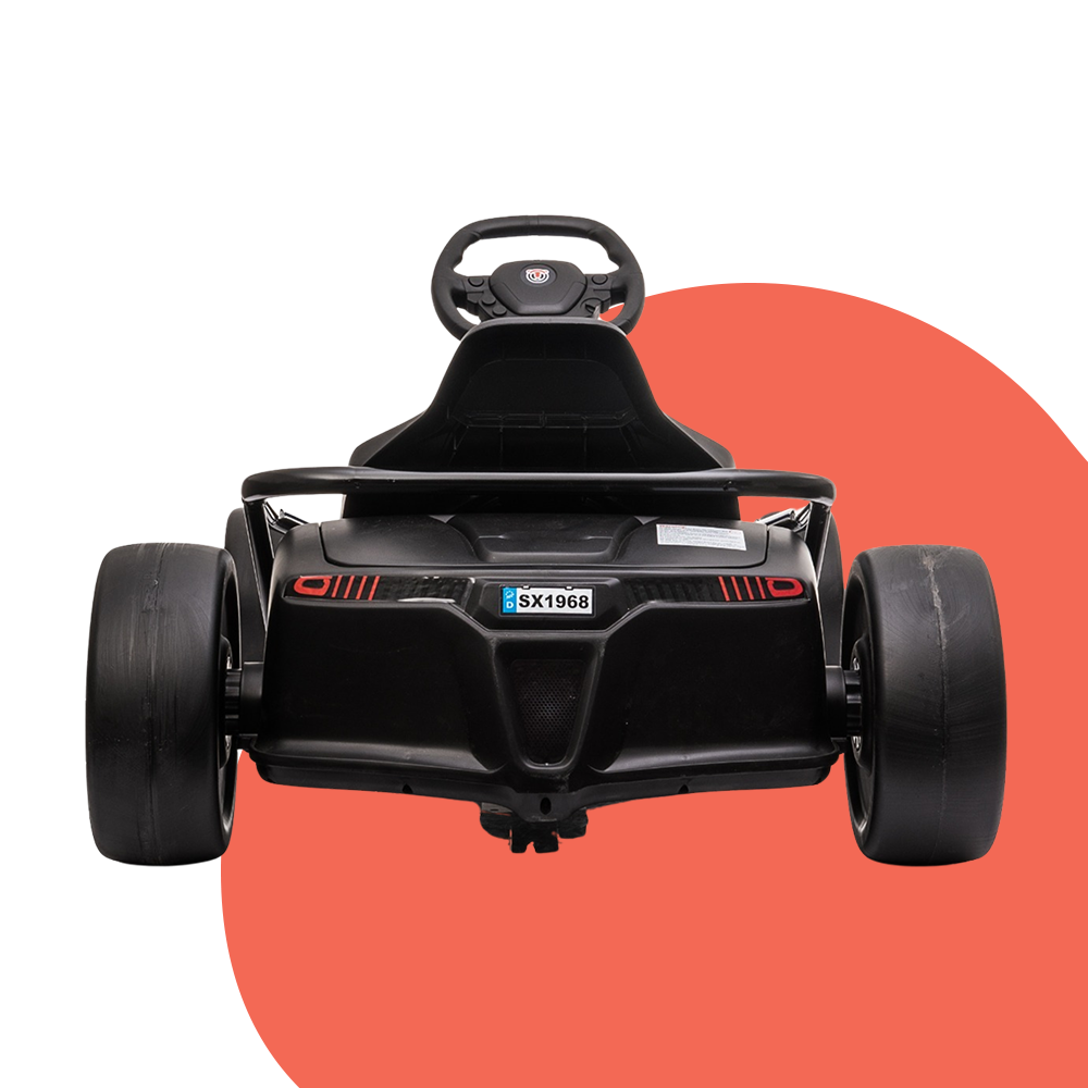 A blue and black electric drifting go-kart shown from a front view, showcasing its bold design with the steering wheel prominently visible.