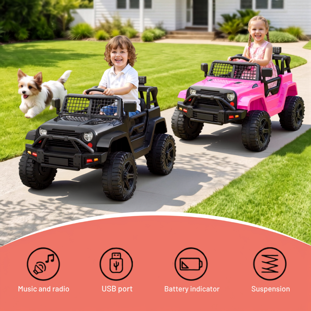Two children driving toy off-road vehicles on a green lawn driveway, with a small dog running alongside the black vehicle. A pink vehicle is visible in the background.
