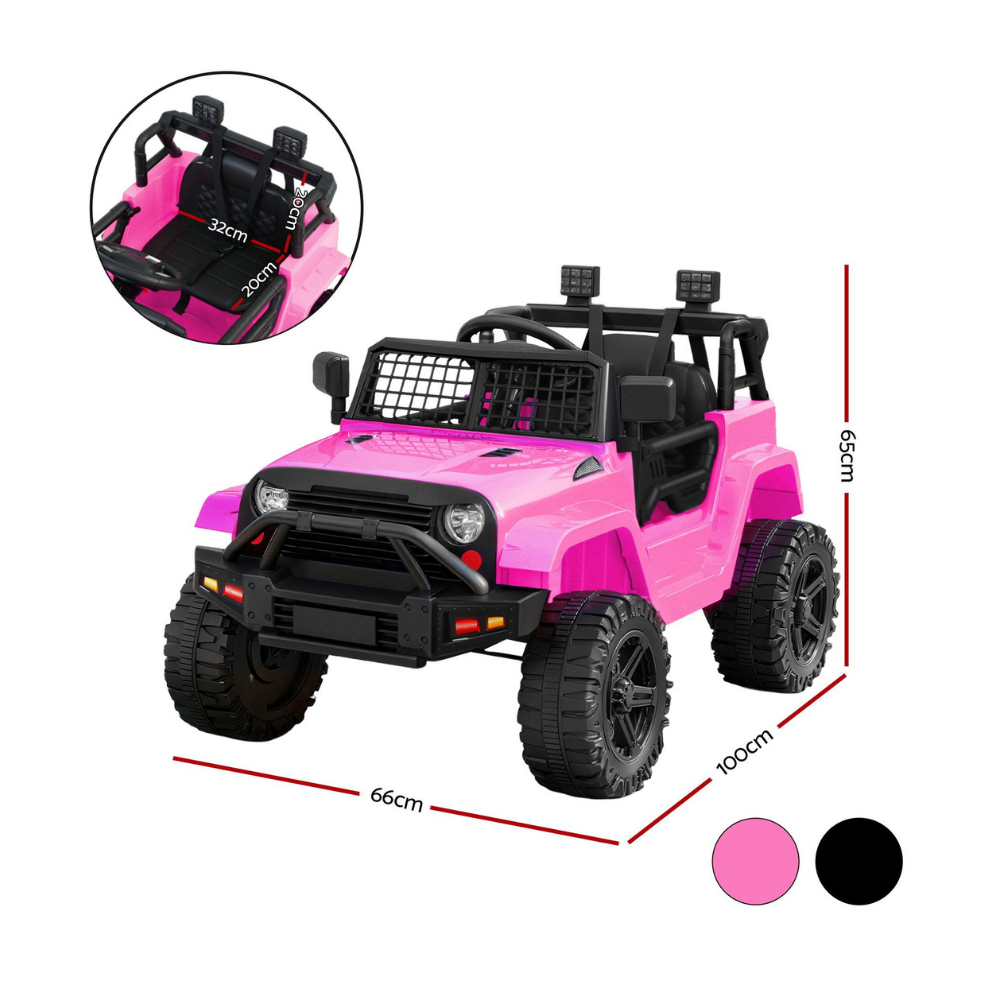 Pink and black toy jeep ride-on vehicle on a white background, with red dimension lines showing 66cm width, 65cm height, and 100cm depth, plus a circular inset showing the seat area and two color swatches.