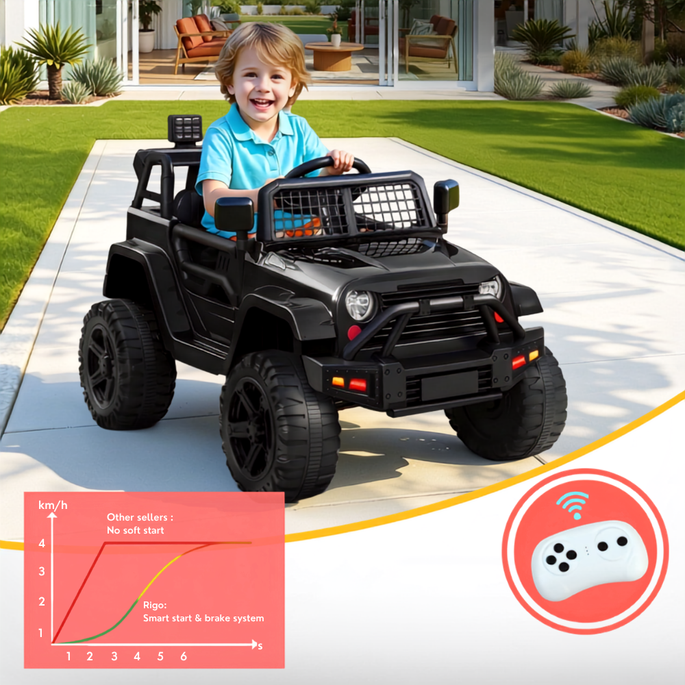 A child wearing a light blue polo shirt sits in a black ride-on toy jeep on a concrete walkway in a landscaped backyard. The product is a black ride-on jeep with oversized black wheels, a front grille, headlights, and side mirrors.