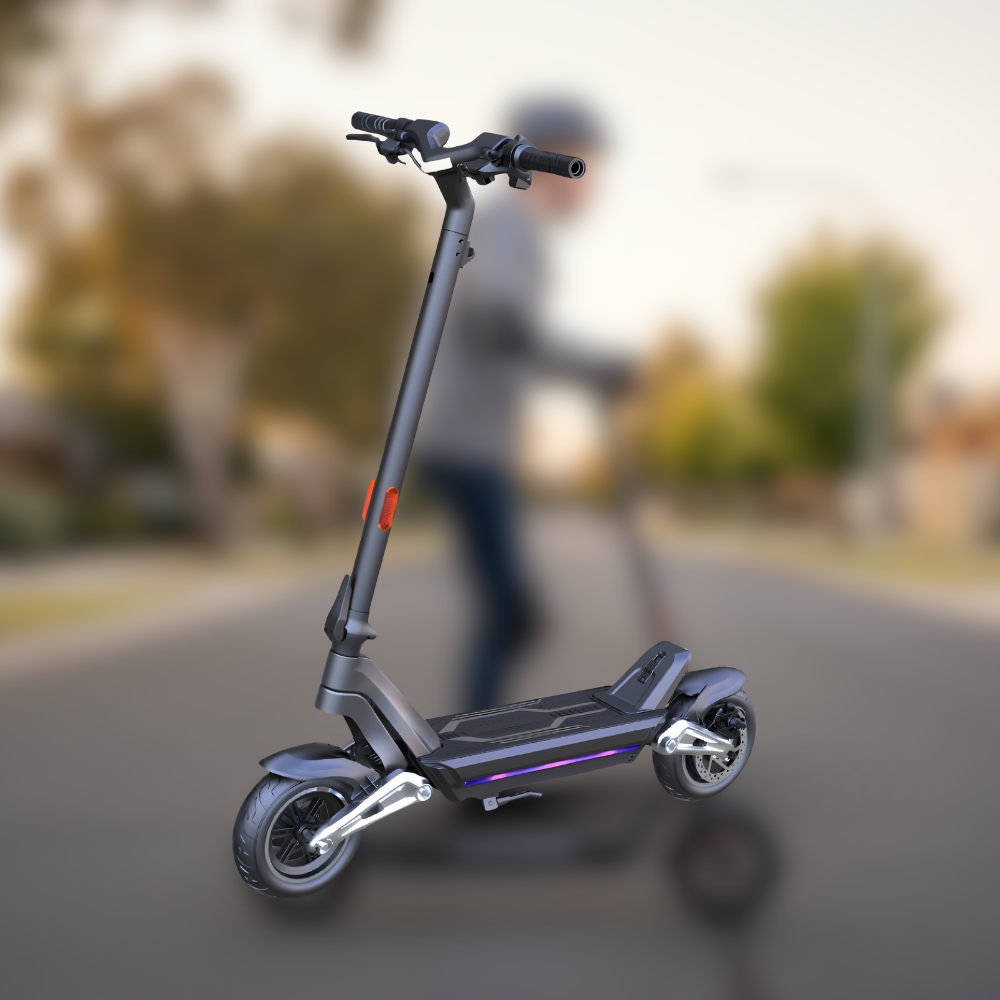 Black electric scooter on a blurred street background