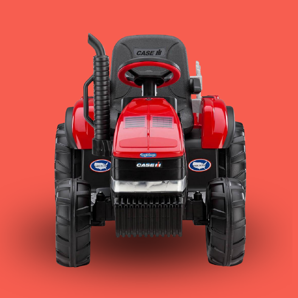 Red and black toy tractor with 'Case IH' branding on a red background