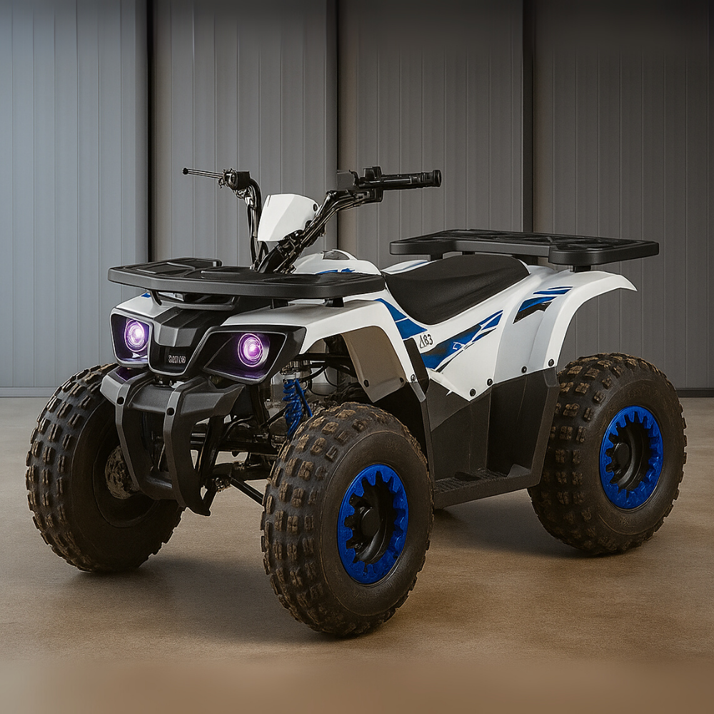 Rear angle of kids’ electric quad bike parked indoors, showing taillights, seat, and chunky wheels.