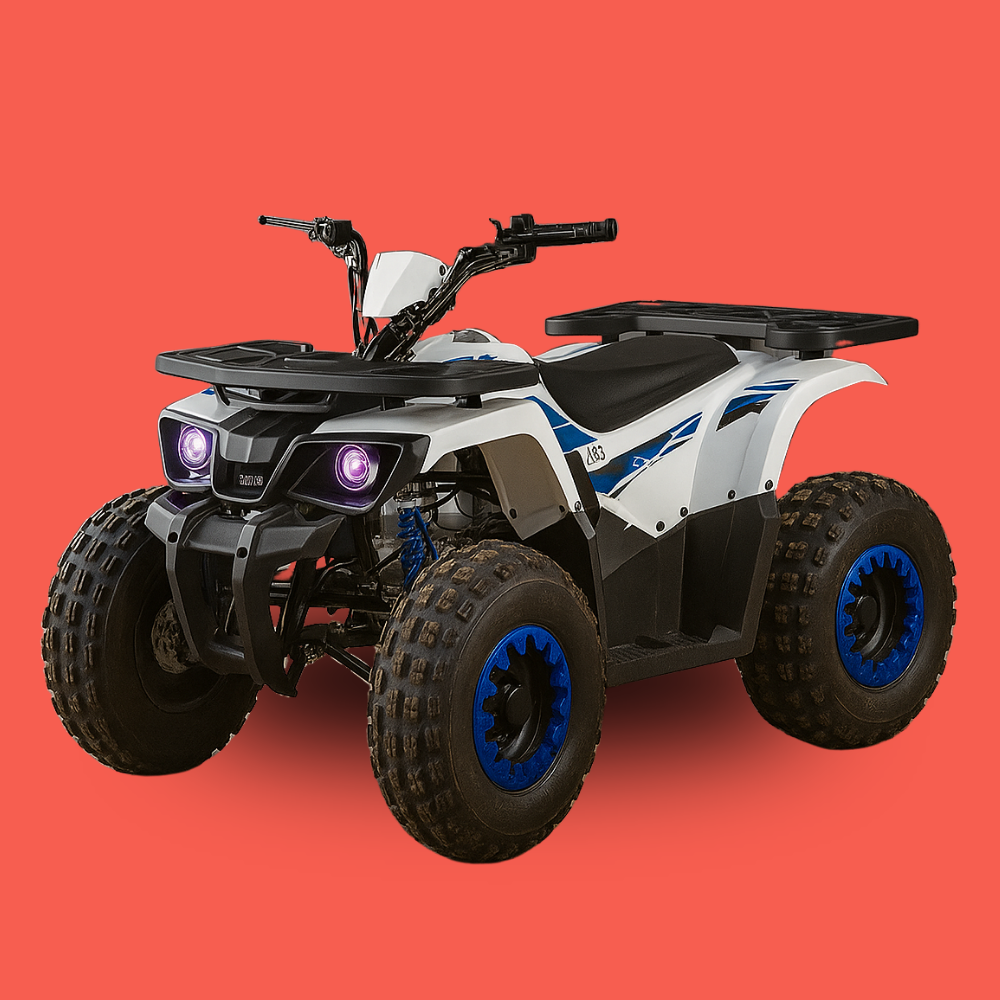 Front view of a kids' white and black electric quad bike with purple LED headlights and blue-rimmed tyres, set against a bright orange background.