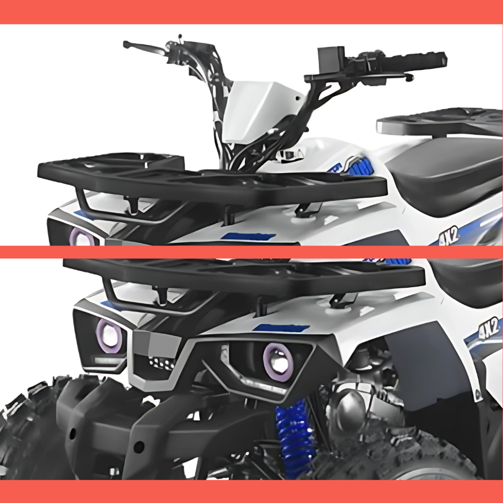 Collage of close-up shots featuring the quad bike’s handlebar controls, front lights, and wheel design.