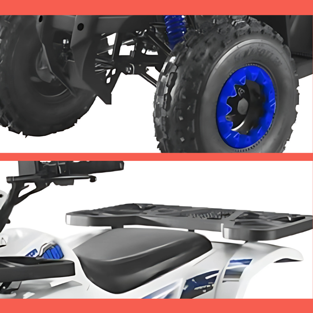 Split view of quad bike details, including rear wheel suspension and textured footrest platform.