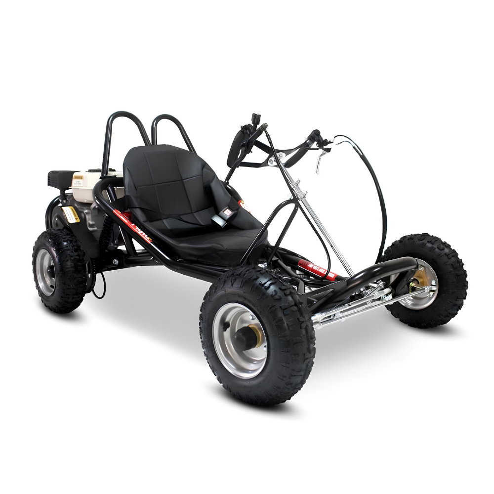 A black go-kart with a single black seat, roll bars, and four off-road tires, photographed on a clean white background.