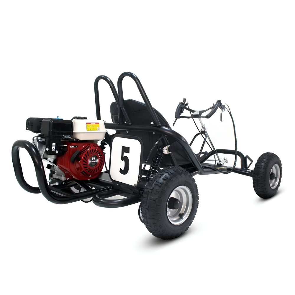 A black go-kart with a red Honda engine, a black roll bar, and a white number 5 sign on the side, shown on a white background.