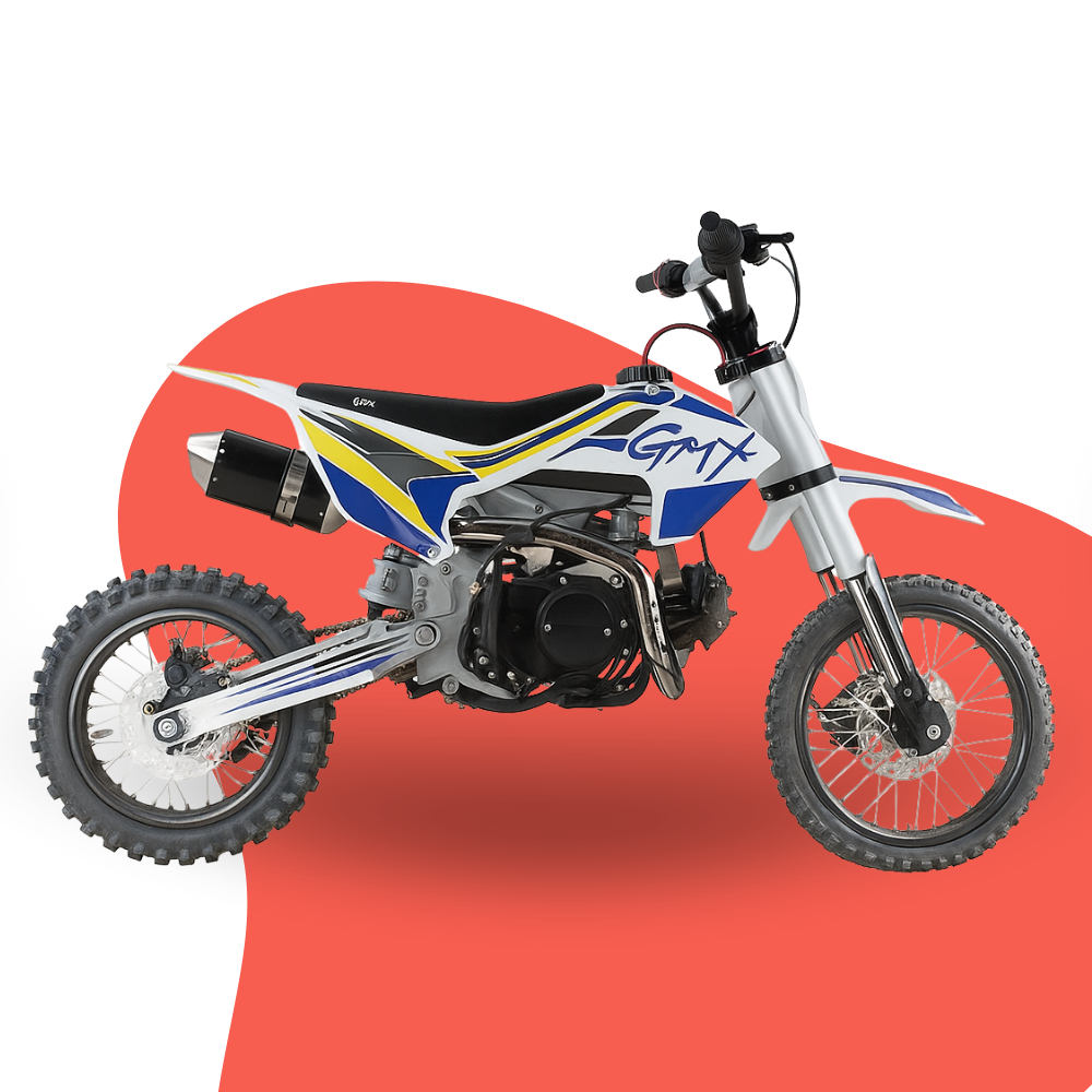 Side profile of the GMX 125cc dirt bike against a white and red background, showing full frame and tyre tread.