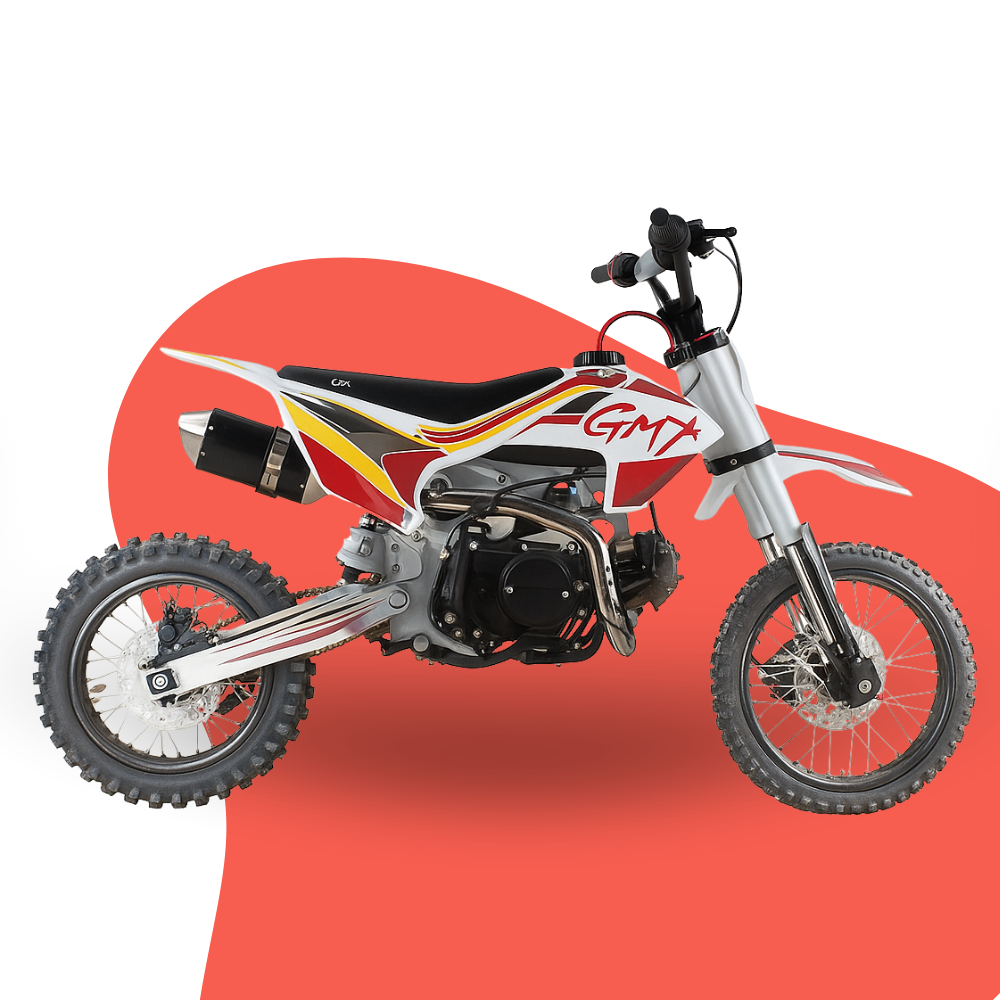 GMX 125cc dirt bike with red, black, and yellow graphics displayed on a white and red abstract background.