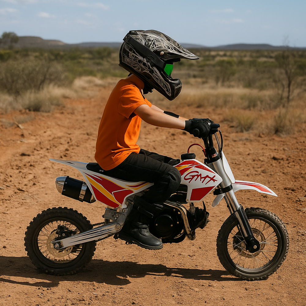 Child rider in full safety gear riding the GMX 125cc dirt bike on a dusty outback trail.