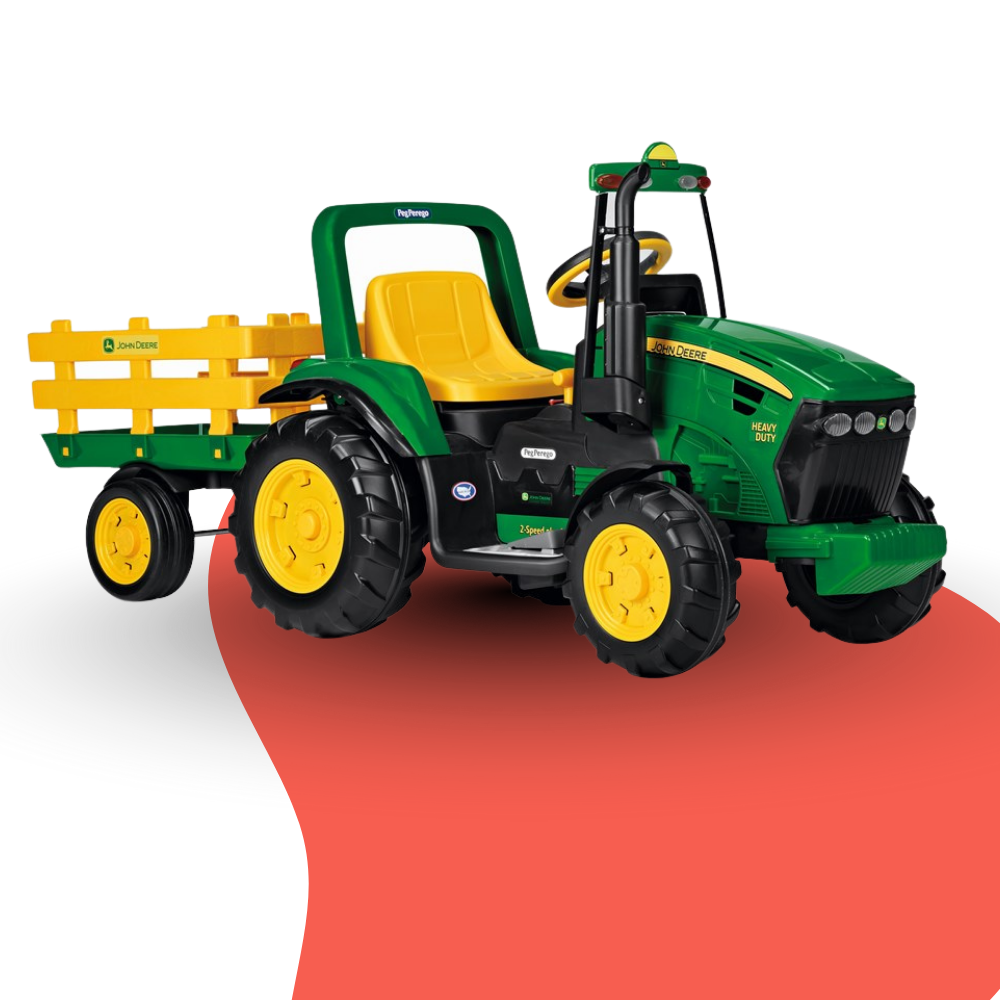 Toy tractor with yellow trailer on a white background