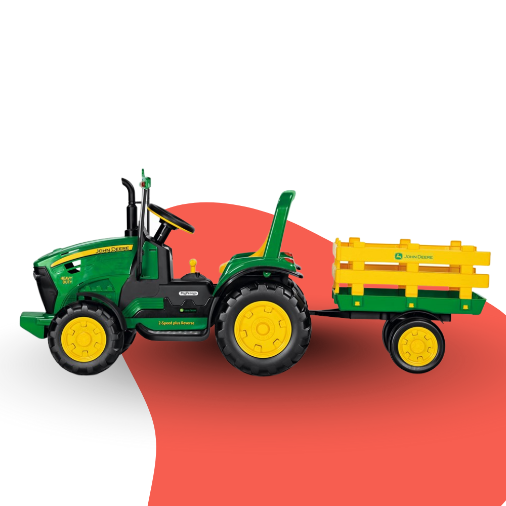 Toy tractor with a yellow trailer on a white and red background