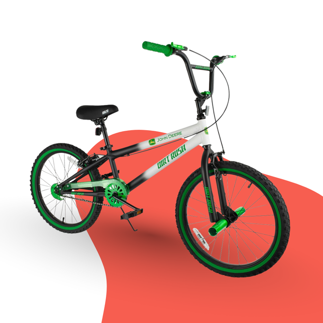 Children's bike with green and black details on a white and red background
