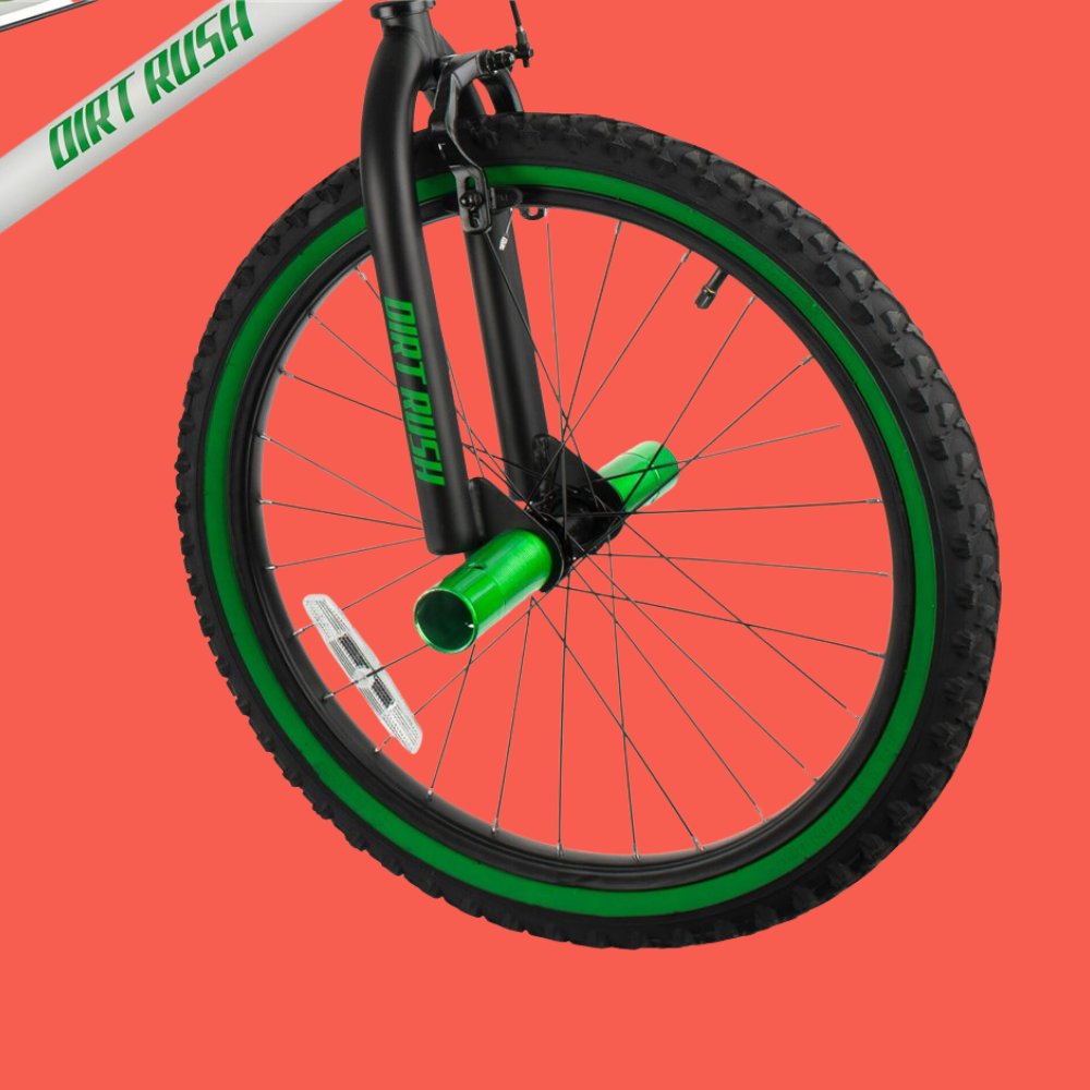 Bicycle wheel with green rim and 'Dirt Rush' branding on a red background