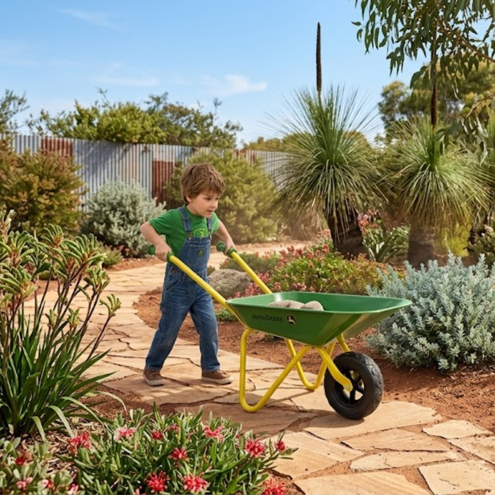 A young boy in a green shirt and denim overalls pushes a green and yellow wheelbarrow with a single black tire along a stone path in a sunny backyard garden.