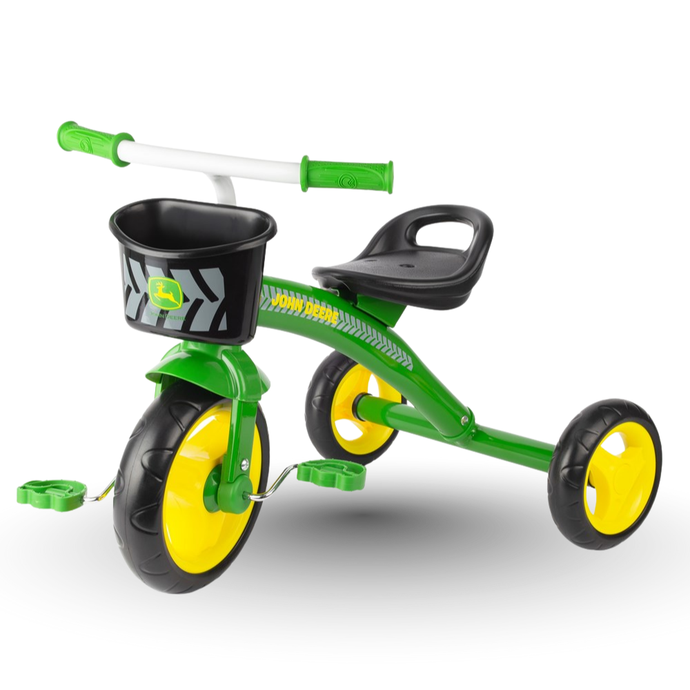John Deere steel tricycle in green with yellow wheels and front basket, shown on a plain white background.