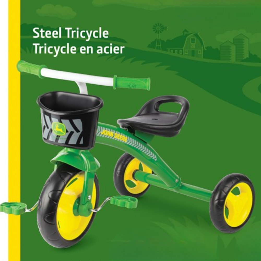 A John Deere-themed green and yellow steel tricycle with a black seat, a white handlebar, and a black front basket.
