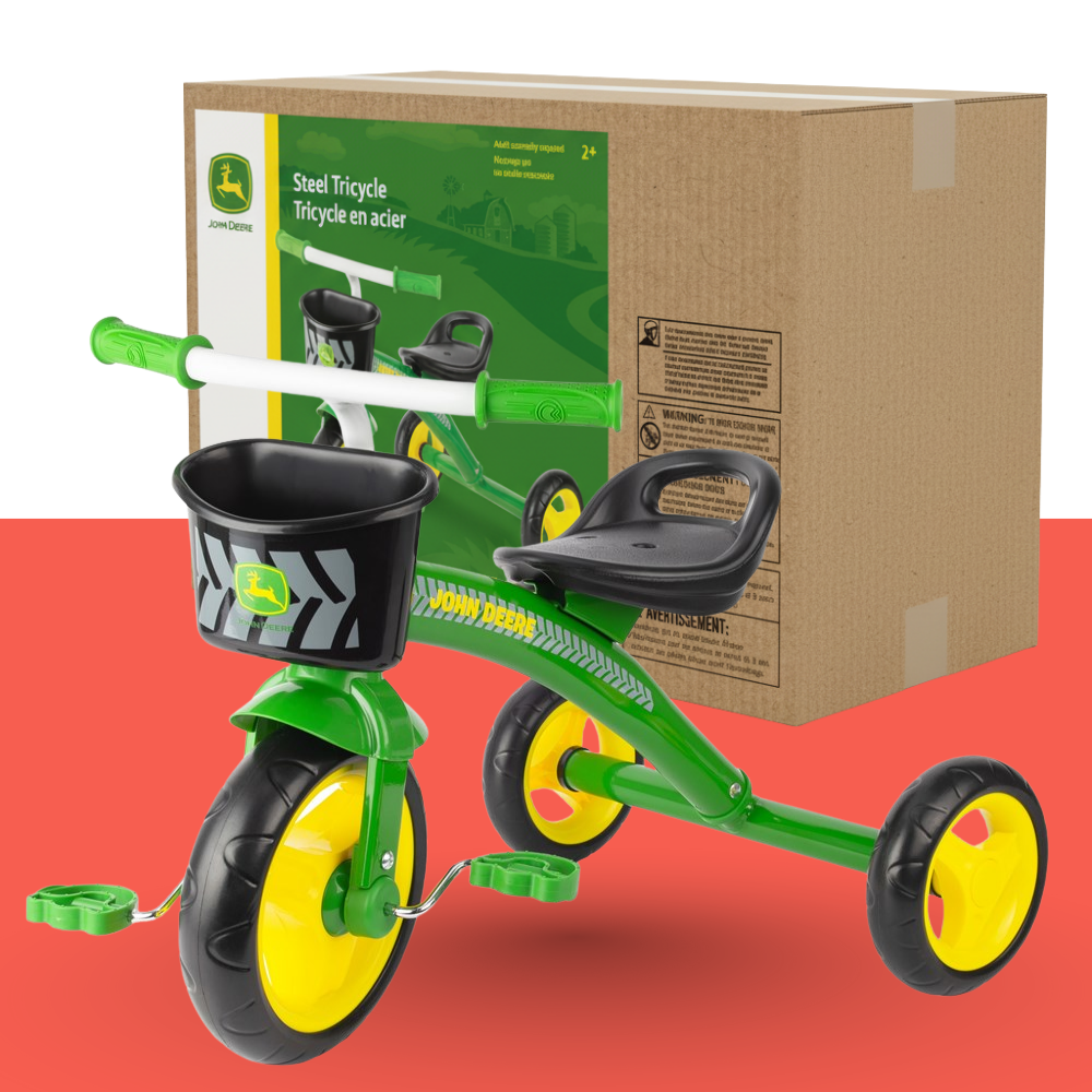 John Deere steel tricycle in green with yellow wheels, displayed with its retail box packaging on a red background.