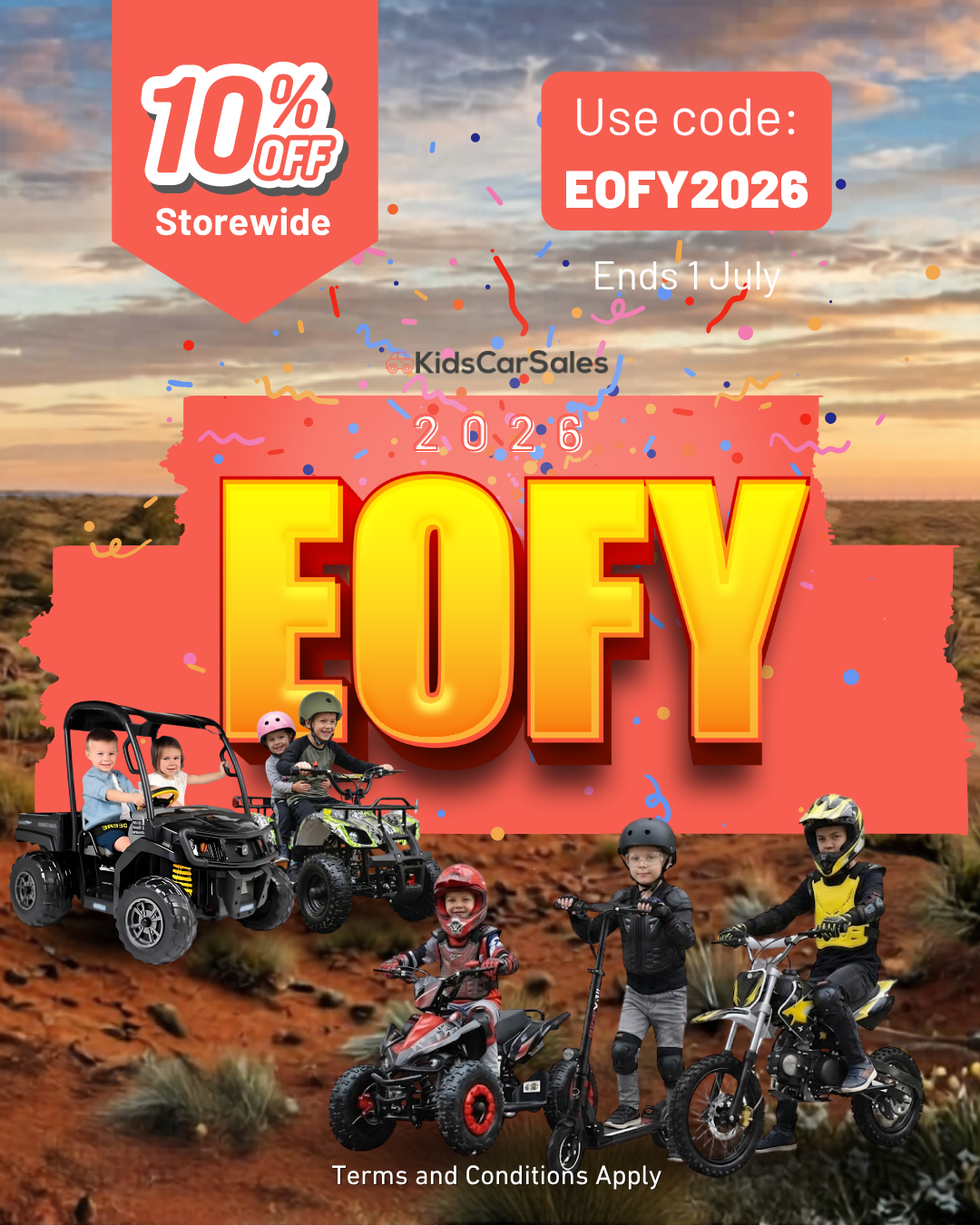 Promotional advertisement for KidsCarSales with children on off-road vehicles and a desert background.