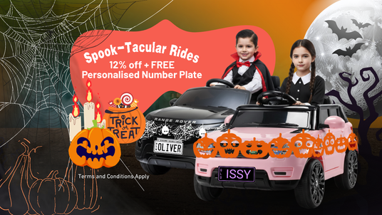 Children in Halloween costumes with toy cars on a promotional banner for 'Spook-Tacular Rides'.