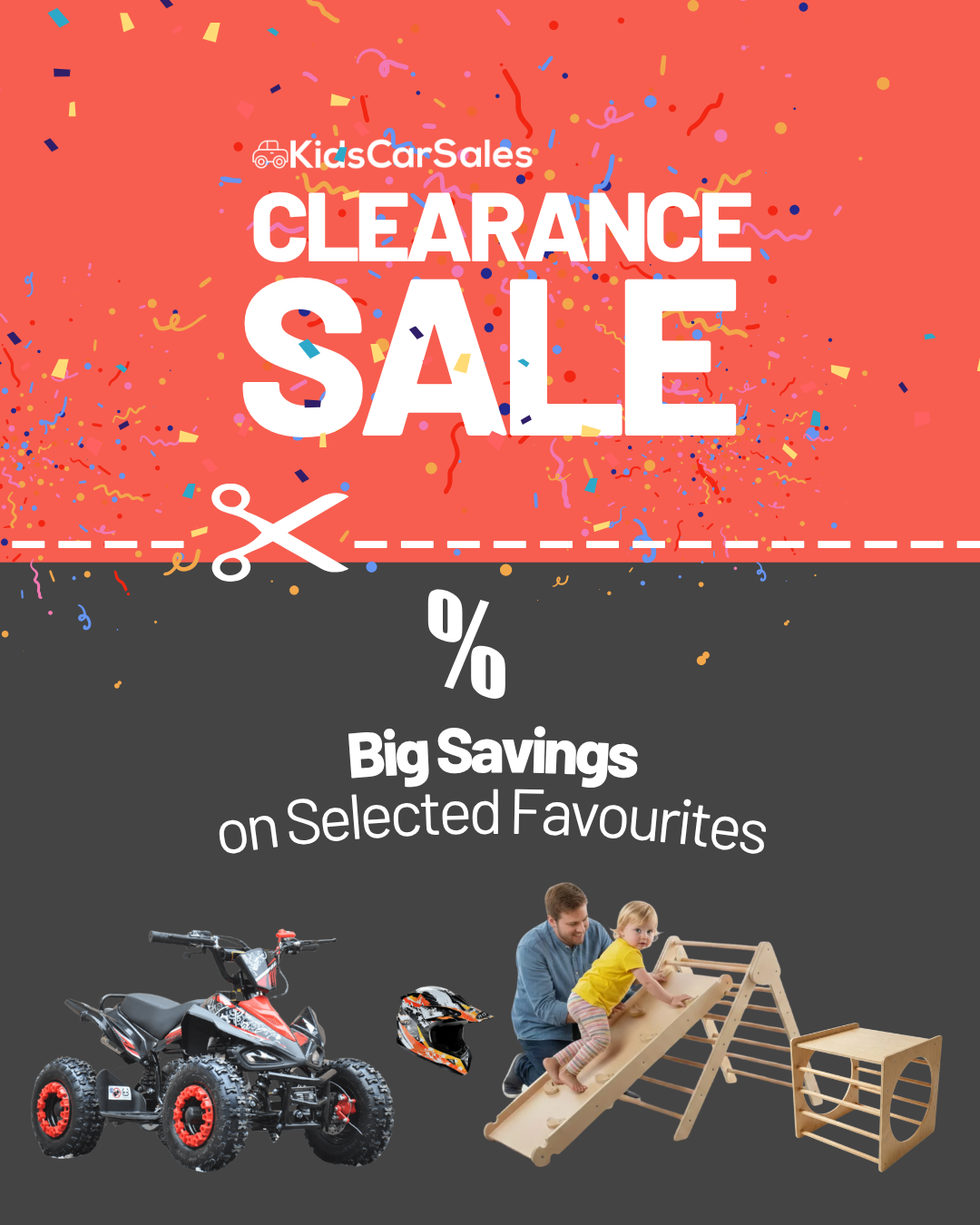 KidsCarSales Clearance Sale promotional graphic with a coral-red upper half, confetti, scissors icon, and text reading 'Big Savings on Selected Favourites,' plus small product photos of an ATV and a children's wooden slide set against a dark gray lower half.