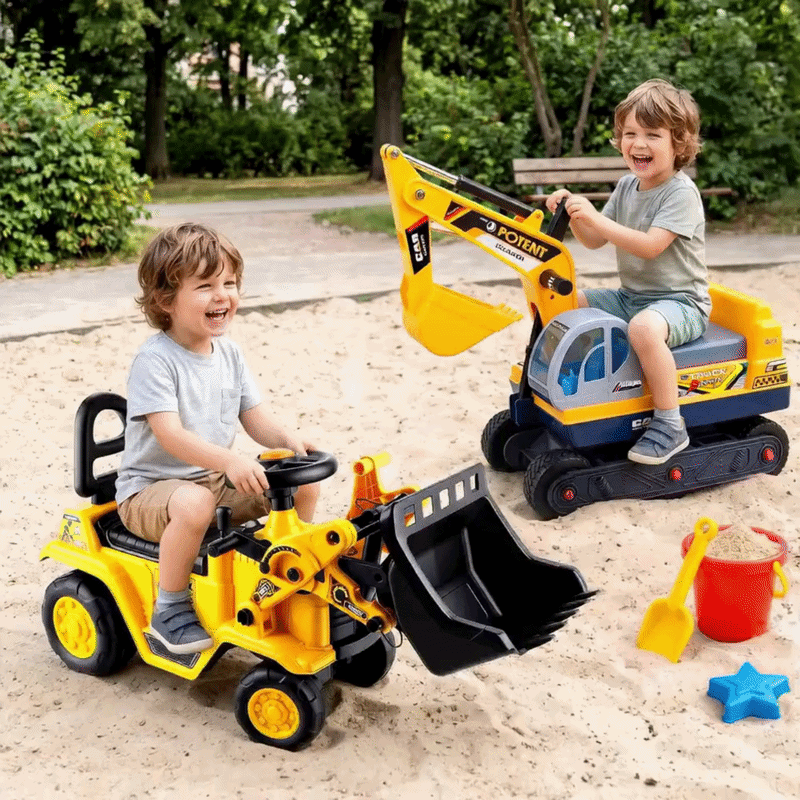 Keezi Kids Push-Along Ride-On Digger & Bulldozer Set with Helmet – Yellow