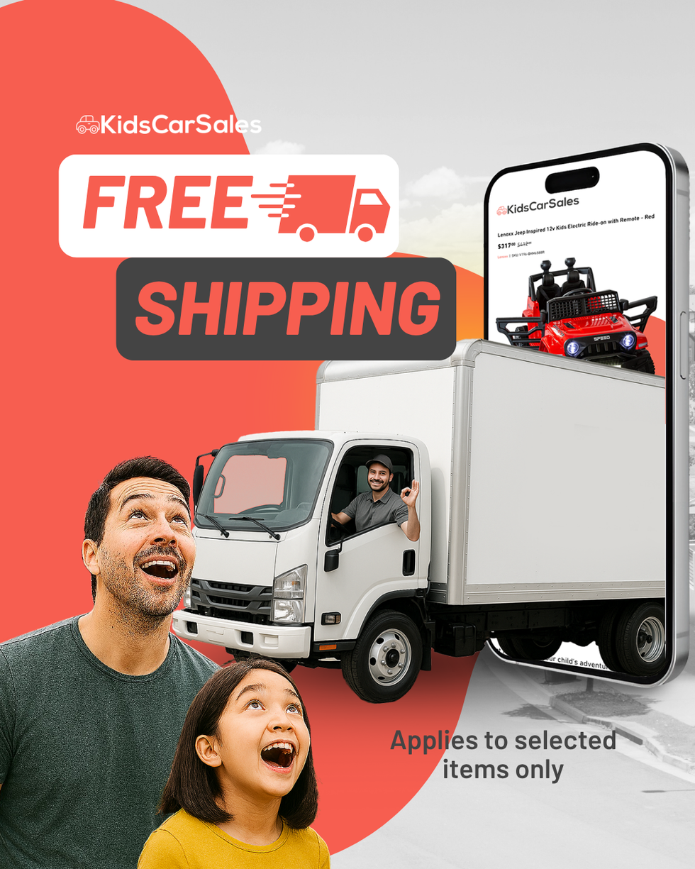 Promotional graphic for KidsCarSales with a truck, smartphone, and text about free shipping.