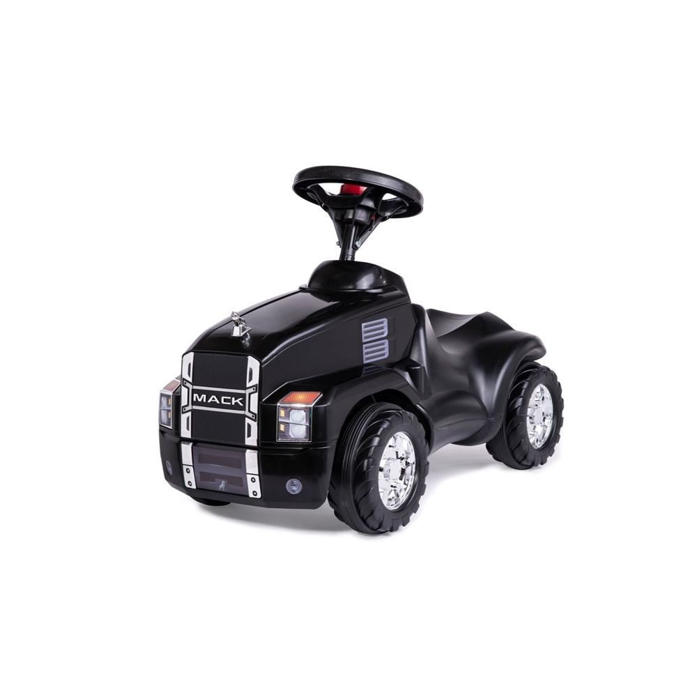 Black toy vehicle with 'Mack' branding on a white background