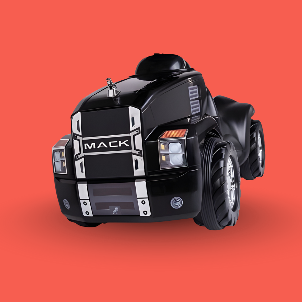 Black toy truck with 'Mack' branding on a red background
