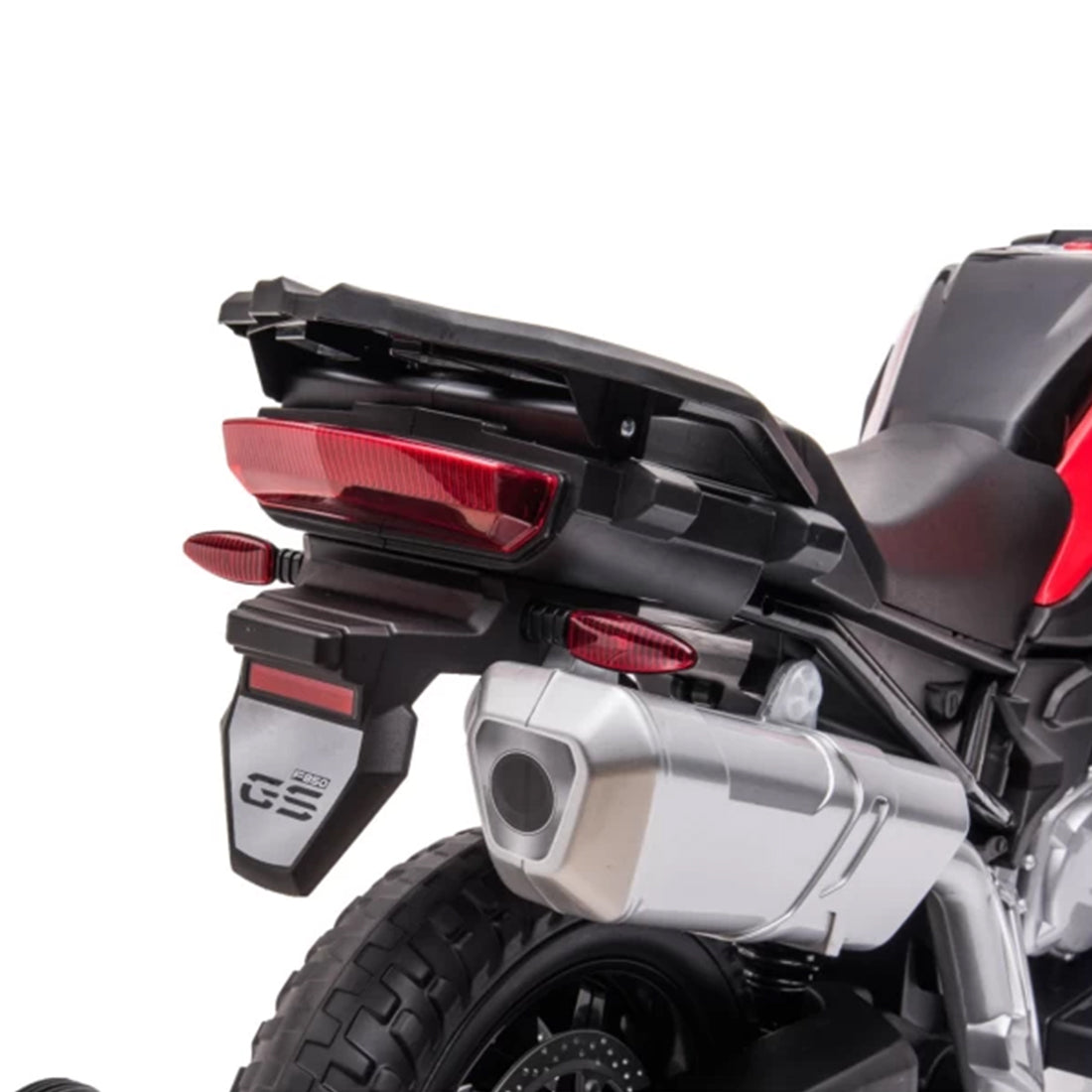 Rear View Close-Up: A detailed view of the motorcycle's rear section, showcasing the seat, taillights, and luggage storage compartment, highlighting its realistic design.