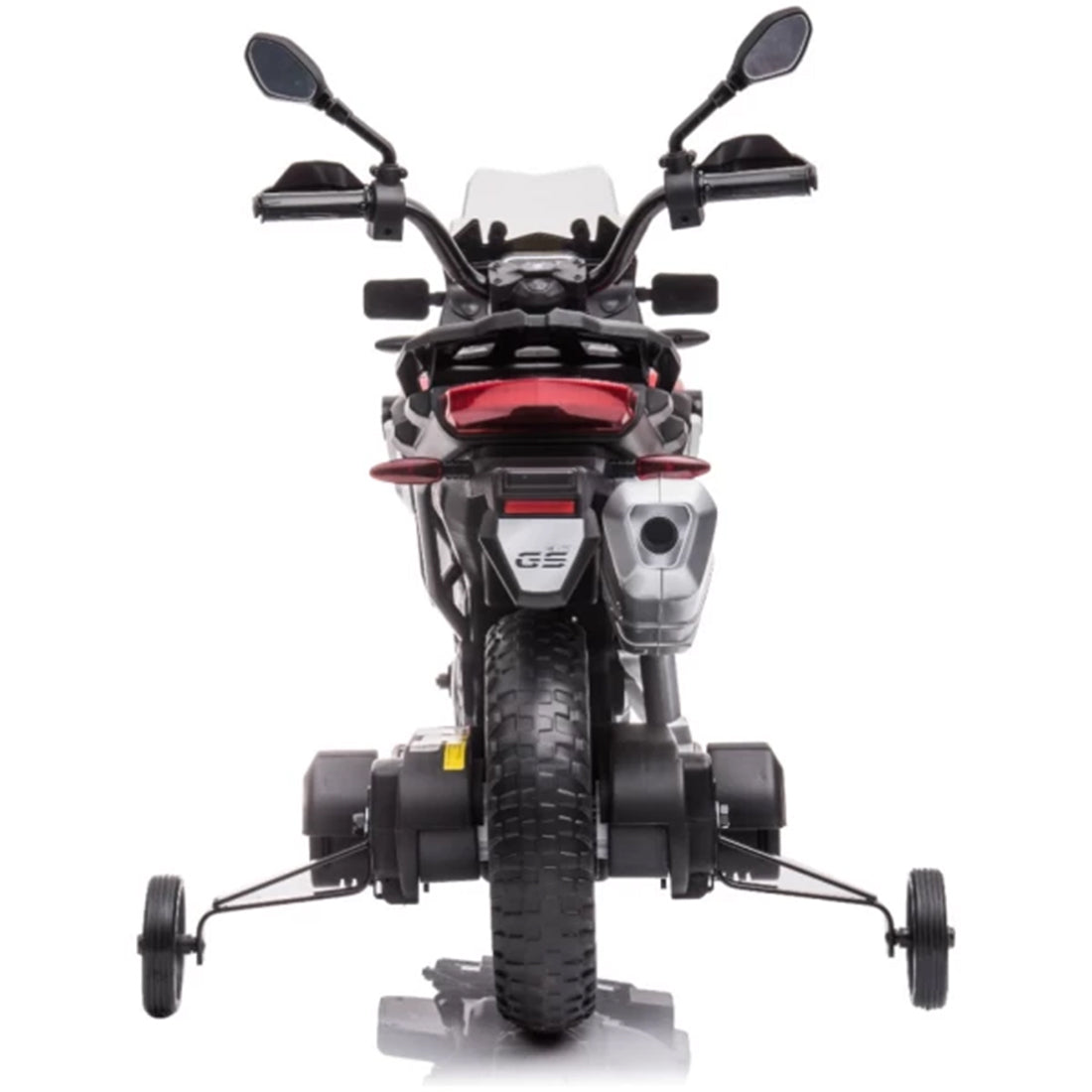 Front with Stabilizers: A low-angle front view with stabilizers visible, emphasizing balance and safety for young riders.