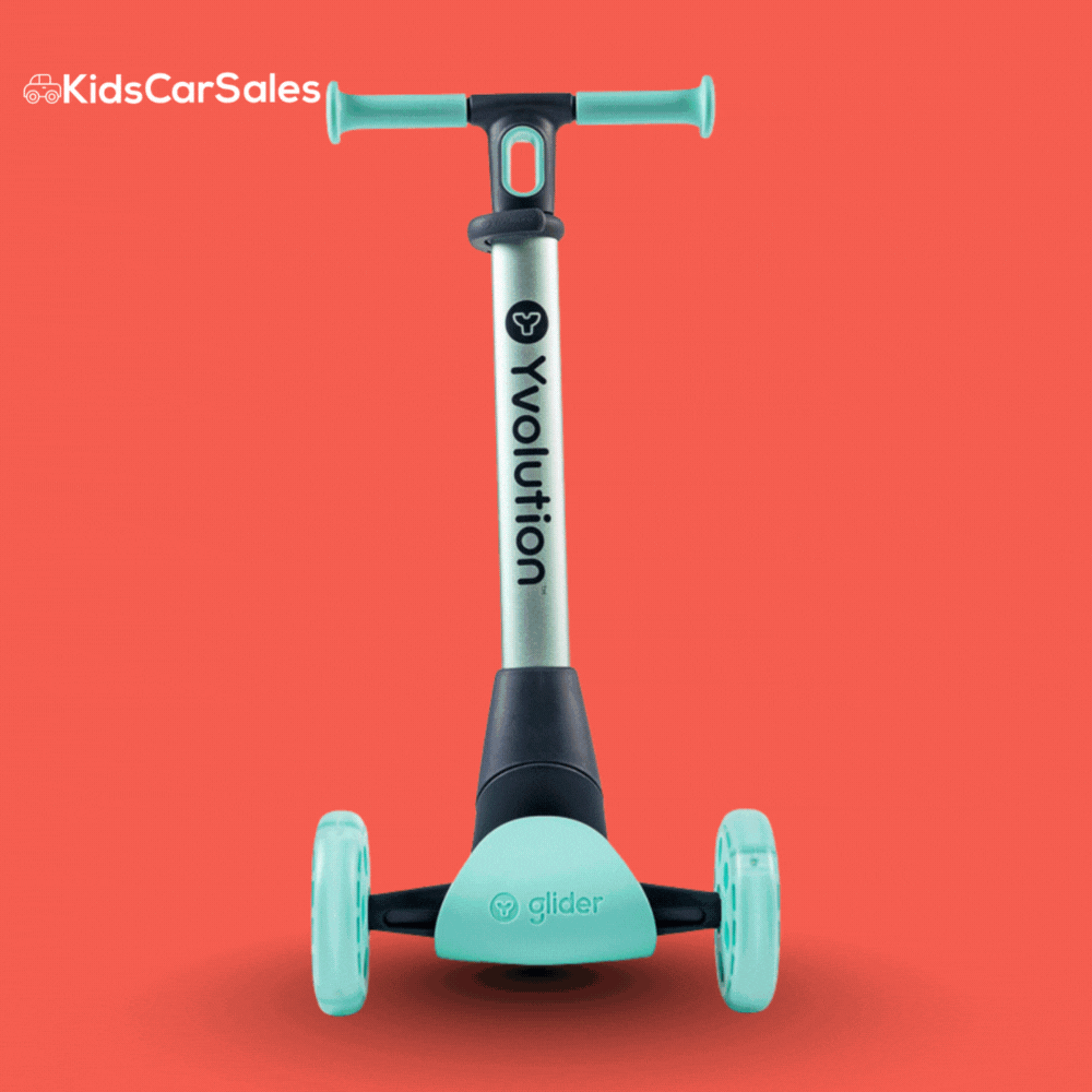 A mint green Yvolution Glider Nua 3-wheel kids scooter shown against a solid red background.