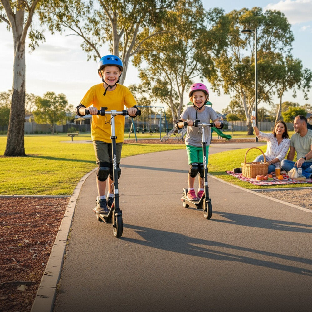 Two children on scooters in a park with a family sitting on a blanket in the background.