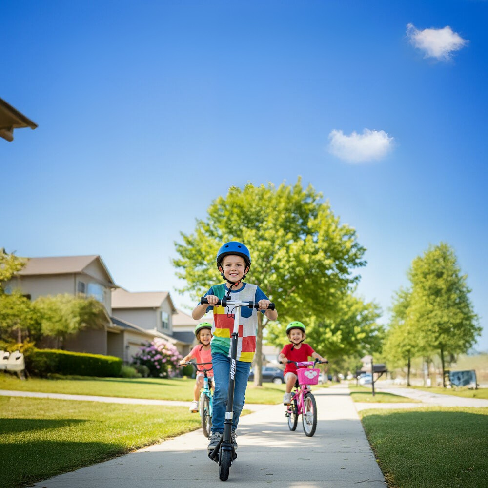 Children riding scooters and bicycles on a sunny day in a suburban neighborhood.