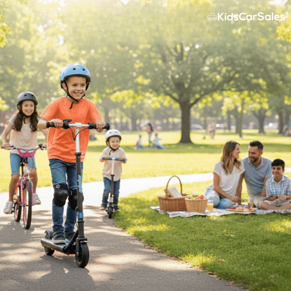 A boy rides an electric scooter past a picnicking family, followed by kids on a bike and scooter.