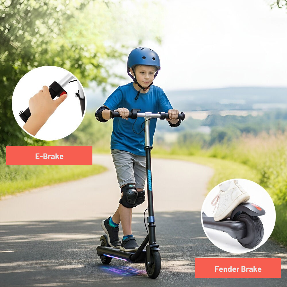 Child riding a scooter with close-ups of e-brake and fender brake on a sunny day.
