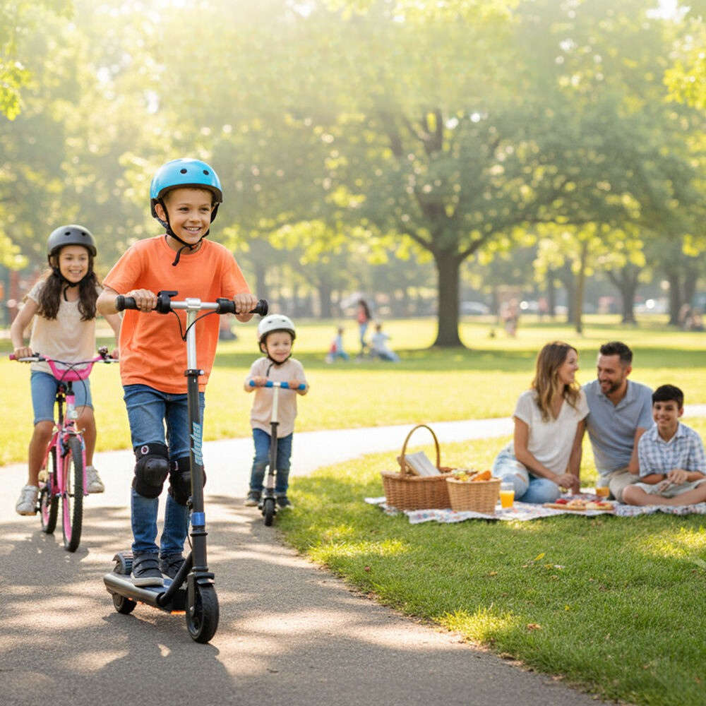 Children riding bikes and scooters with a family having a picnic in a park.