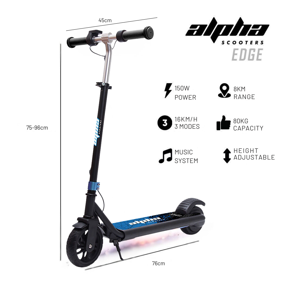 Alpha Scooters Edge scooter with specifications on a white background