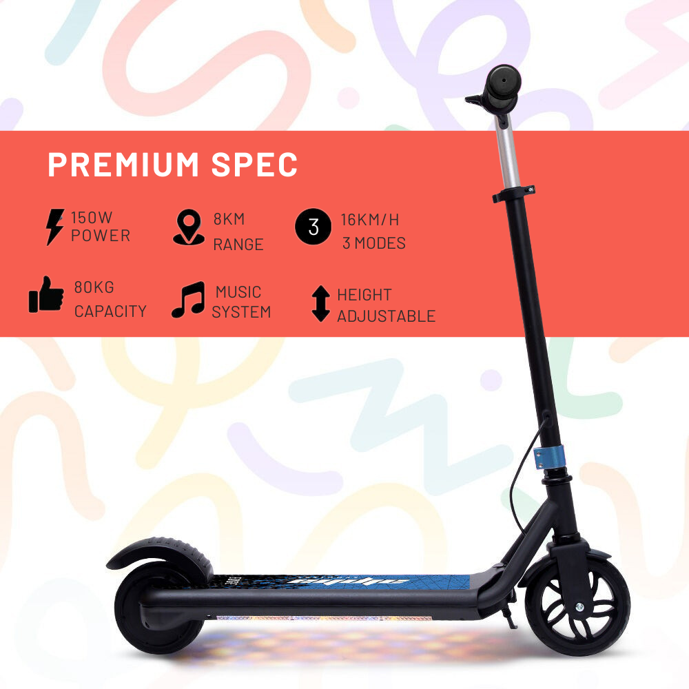 Black scooter with red feature banner on a colorful abstract background