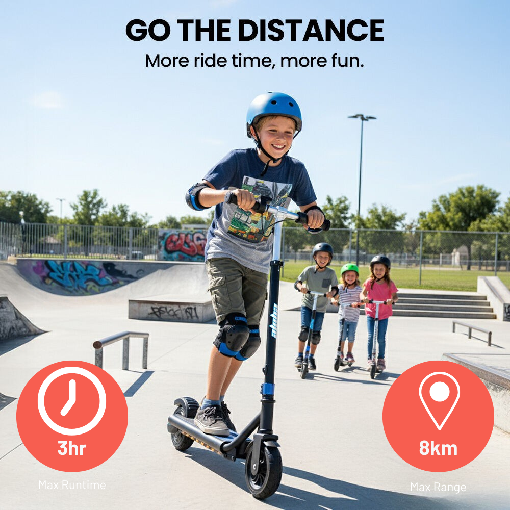Child riding a scooter at a skate park with text about ride time and range.