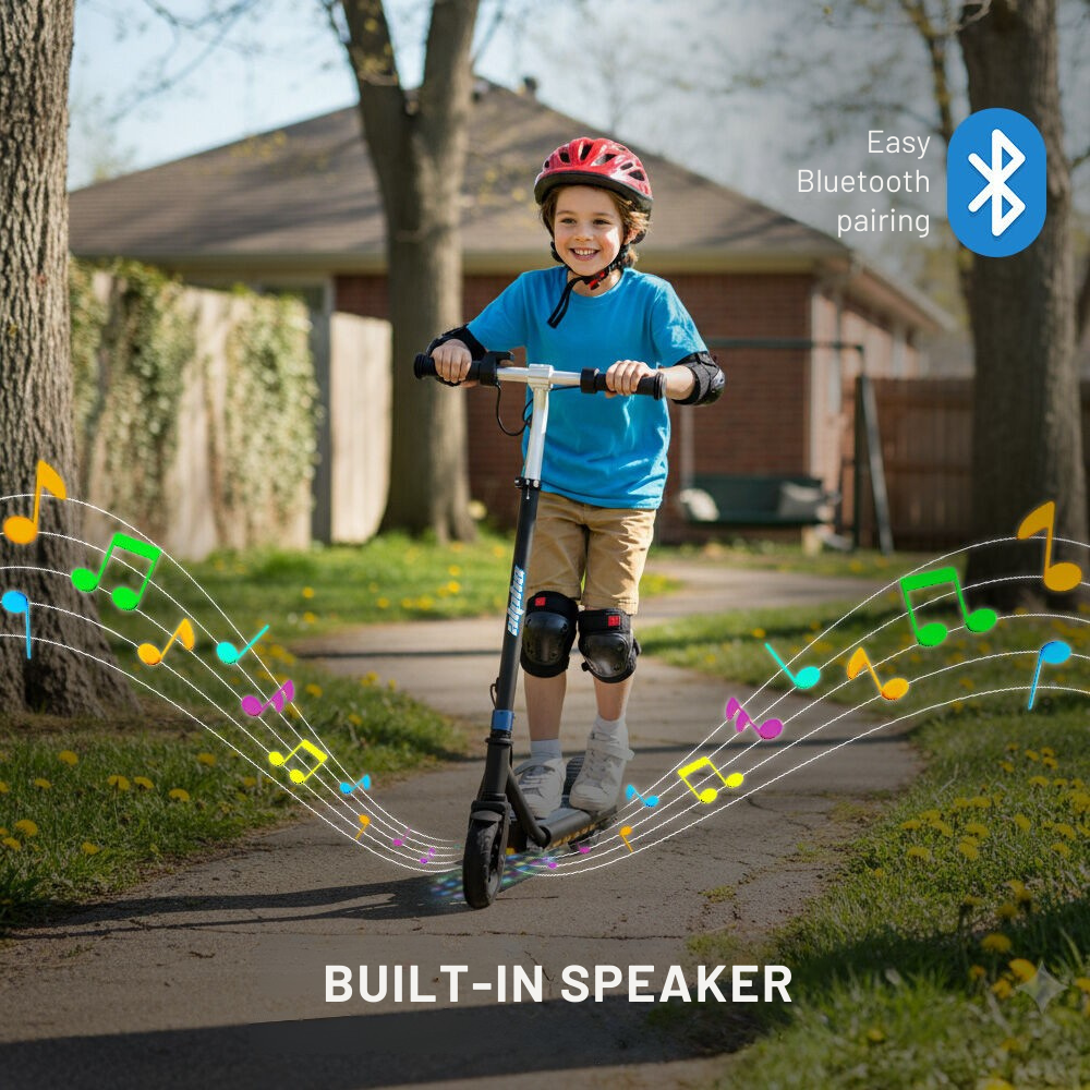 Child riding a scooter with a built-in speaker and Bluetooth icon, outdoors.