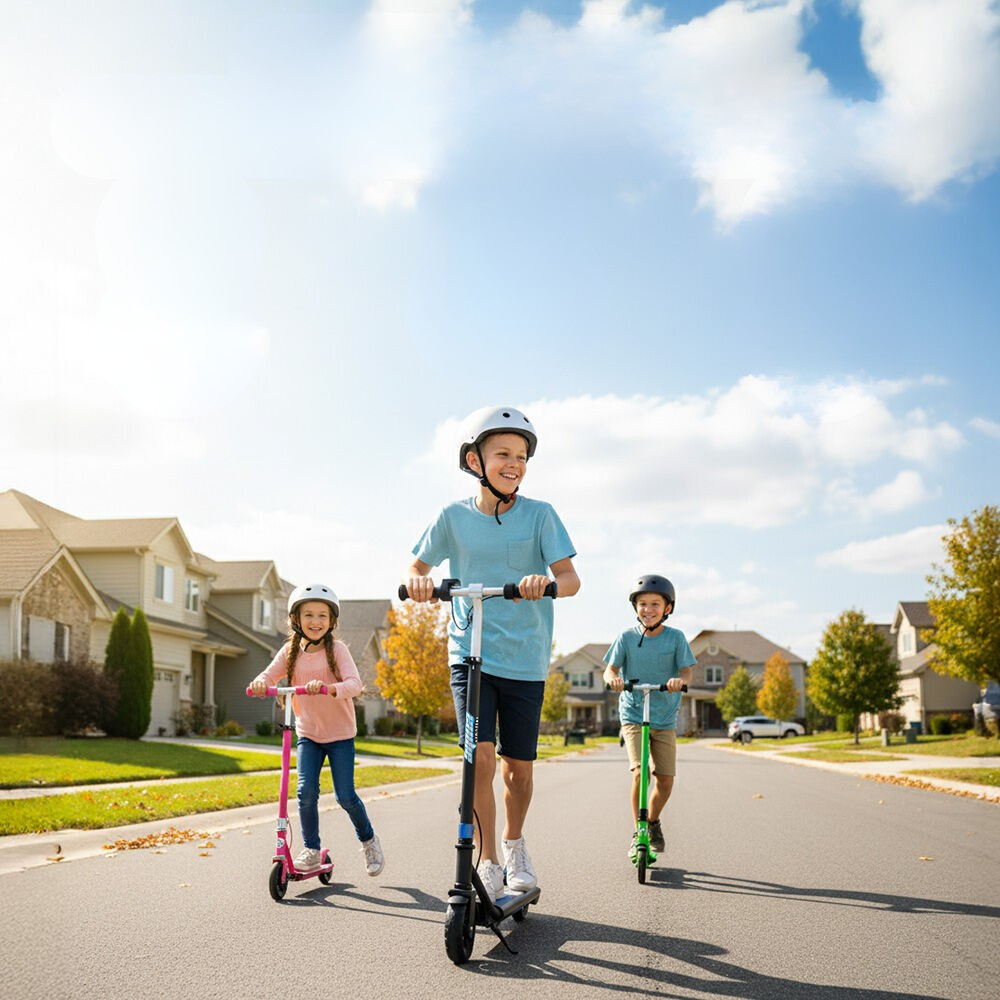 Three children riding scooters on a suburban street with houses and trees in the background.