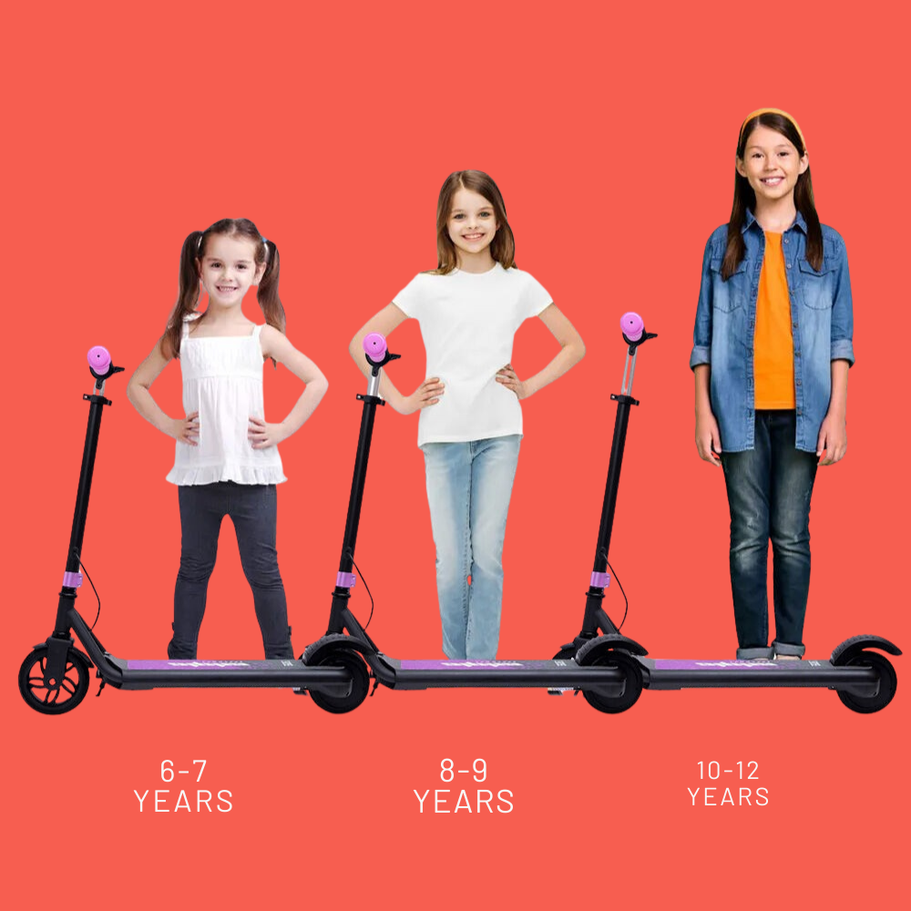 Three girls standing next to progressively larger scooters on a red background