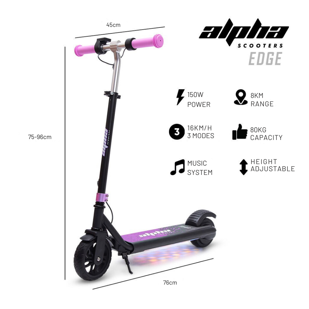 Alpha Scooters Edge scooter with specifications on a white background