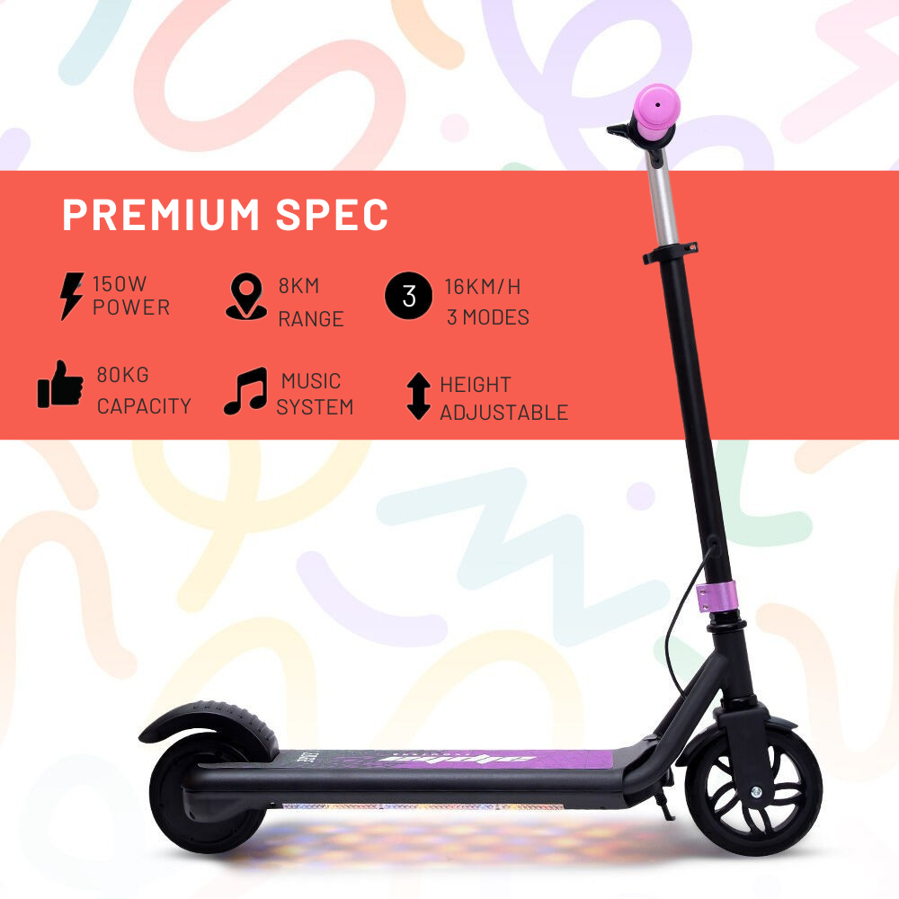 Black electric scooter with pink accents on a colorful background, featuring premium specifications.