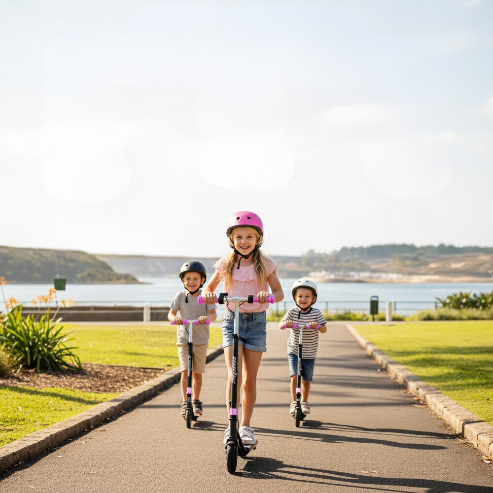 Children riding scooters on a path by a waterfront