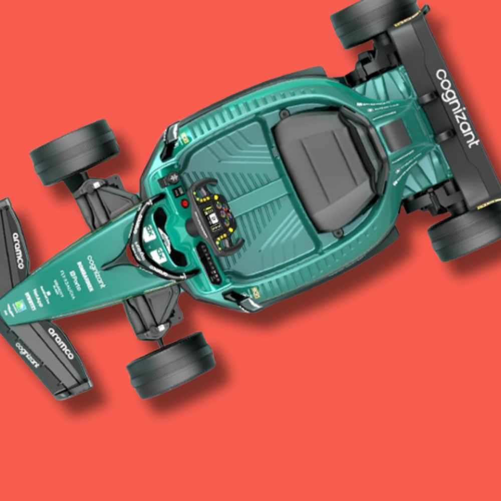 Green electric skateboard with visible branding on a red background