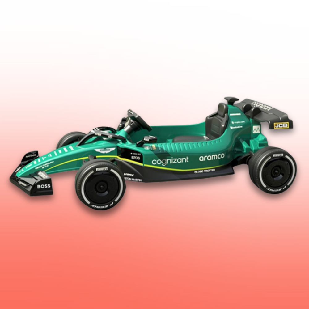 Green Formula 1 car with sponsor logos on a gradient background