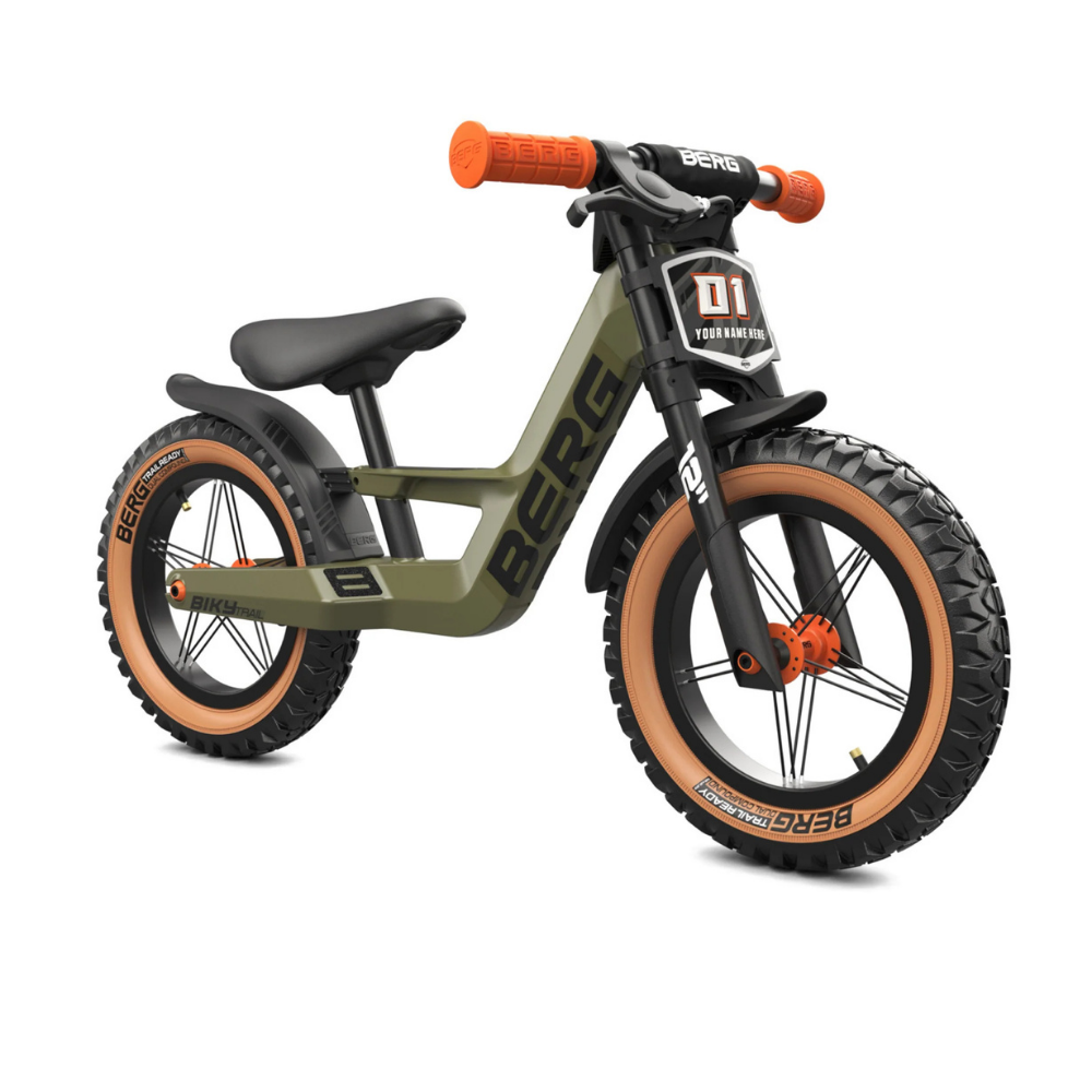 Children's balance bike with orange handlebars and tires on a white background